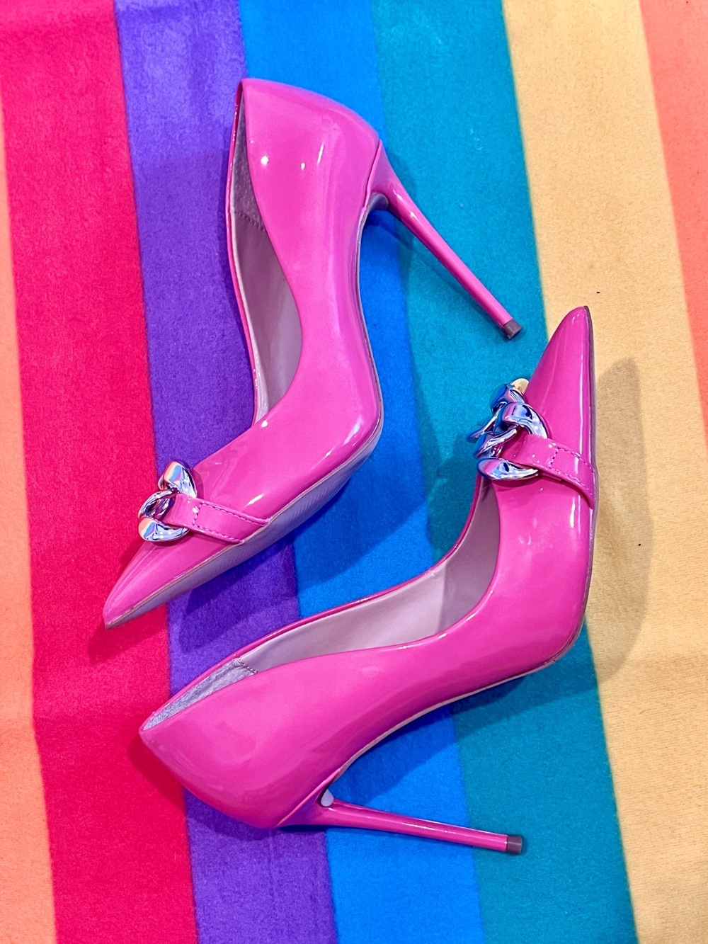 Steve Madden Pink Patent Leather Pointed-Toe Silver Chain Pumps 4 Inch Heel NWOT - Picture 5 of 6